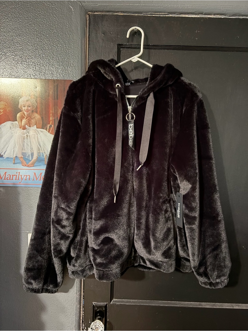 NWT bebe Plush Hooded Zip Jacket in Black - Picture 2 of 8
